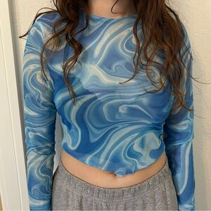 Blue Swirl Long Sleeve Mesh Top